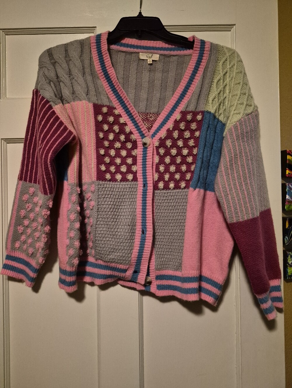 Easel Patchwork Knit Cardigan Sweater Size Small Pink Gray Blue Boho Cottagecore